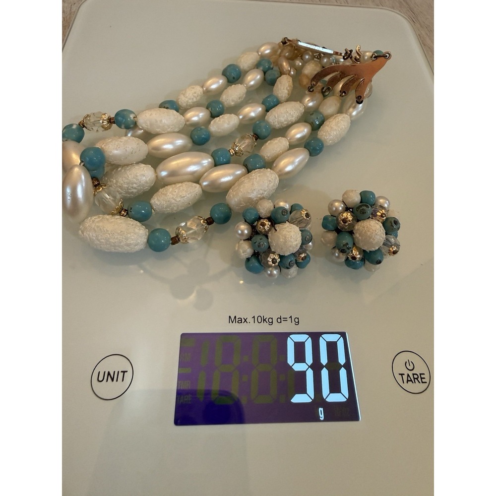 Vintage 1960s Japan Aqua Blue White Pearl Beaded Necklace Clip On Earrings Set - Picture 13 of 15
